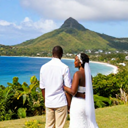 Caribbean Holidays, January Weddings, A happy newlywed couple overlooking the Caribbean from a scenic viewpoint on Saint Kitts and Nevis, with lush hills and blue sea