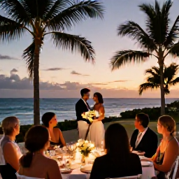 Caribbean Holidays, January Weddings, A happy wedding couple and guests enjoying a sunset reception at a Barbados beachfront venue, with tropical lighting and dining tables