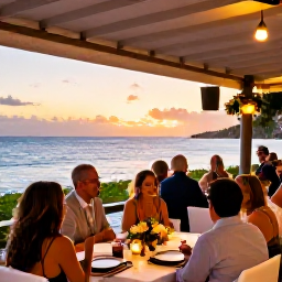 Caribbean Holidays, January Weddings, A happy wedding party enjoying a relaxed reception at a Grenada beachfront restaurant, with tropical flowers, lanterns and sunset sea views