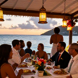 Caribbean Holidays, January Weddings, A happy wedding party sharing a Caribbean meal at an outdoor waterfront reception in the British Virgin Islands, with lanterns, tropical flowers and sunset views