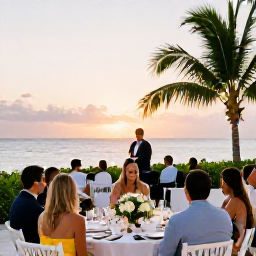 Caribbean Holidays, January Weddings, A happy wedding reception beside the sea in The Bahamas at sunset, with tropical table decorations and guests dining outdoors