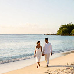 Caribbean Holidays, January Weddings, A newly married couple walking along a bright Caribbean beach in Grenada in January, with calm turquoise water, golden sand and gentle morning sunshine