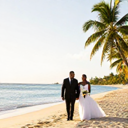 Caribbean Holidays, January Weddings, A newly married couple walking along a bright sandy beach on Saint Kitts, with calm turquoise sea, palm trees and warm January sunshine