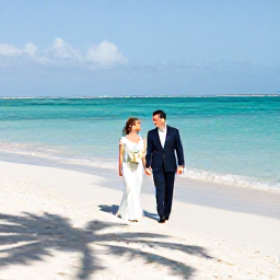 Caribbean Holidays, January Weddings, A newly married couple walking along a bright white beach in Turks and Caicos during a sunny January morning, turquoise sea and soft palm shadows