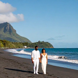 Caribbean Holidays, January Weddings, A newly married couple walking along a quiet black-sand beach in Montserrat beneath a sunny January sky