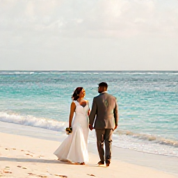 Caribbean Holidays, January Weddings, A newly married couple walking along a sunny Trinidad and Tobago beach in January, with calm turquoise water and soft golden light