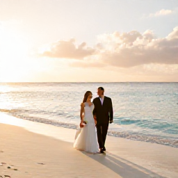 Caribbean Holidays, January Weddings, A newly married couple walking along Seven Mile Beach in the Cayman Islands at sunrise, soft golden light, calm turquoise sea