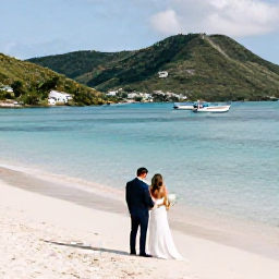 Caribbean Holidays, January Weddings, A newlywed couple enjoying a quiet Saint Barth&eacute;lemy beach, with clear water, small boats and green hills in the background