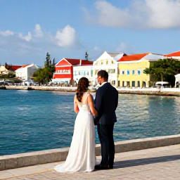 Caribbean Holidays, January Weddings, A newlywed couple exploring Nassau waterfront and colourful Bahamian streets on a sunny January day