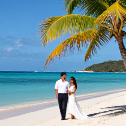 Caribbean Holidays, January Weddings, A newlywed couple standing beside a beautiful white-sand beach in the British Virgin Islands in warm January sunshine, with turquoise water and palm trees