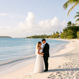 Caribbean Holidays, January Weddings, A newlywed couple standing on a quiet white-sand beach in St Thomas, US Virgin Islands, with turquoise water, palm trees and warm January sunshine