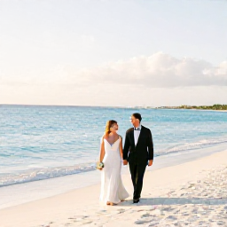 Caribbean Holidays, January Weddings, A newlywed couple walking along a bright white sandy beach in The Bahamas in January, with turquoise water and soft morning sunlight