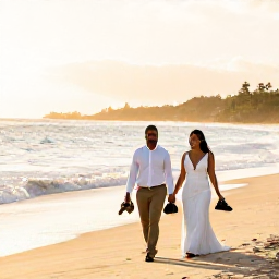 Caribbean Holidays, January Weddings, A newlywed couple walking along a Caribbean beach in January, carrying shoes and holding hands, with gentle waves and golden morning light