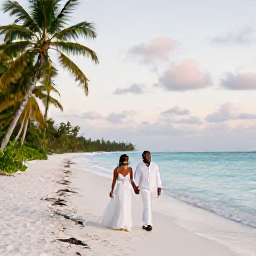 Caribbean Holidays, January Weddings, A newlywed couple walking along a quiet white-sand beach in Grenada at golden hour, with turquoise sea and gently swaying palms