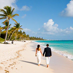Caribbean Holidays, January Weddings, A newlywed couple walking along a sunlit Barbados beach in January, with turquoise sea, pale sand and gentle palm trees