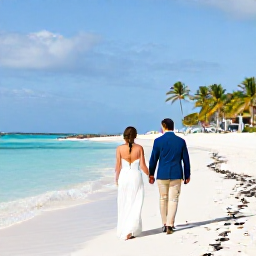 Caribbean Holidays, January Weddings, A newlywed couple walking along a sunny white-sand beach in Aruba in January, turquoise sea and palm trees behind them