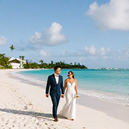 Caribbean Holidays, January Weddings, A newlywed couple walking beside a bright Caribbean beach in Saint Barth&eacute;lemy during a sunny January morning