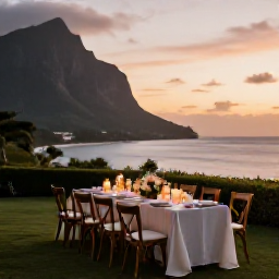 Caribbean Holidays, January Weddings, A romantic outdoor wedding dinner in Montserrat at sunset, with simple table settings, candles and views of the Caribbean Sea