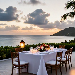 Caribbean Holidays, January Weddings, A stylish wedding dinner on a Saint Barth&eacute;lemy terrace at sunset, with lanterns, tropical flowers and views across the sea