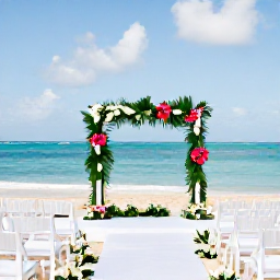 Caribbean Holidays, January Weddings, An elegant beach wedding ceremony in Barbados with white chairs, tropical flowers and the Caribbean Sea in the background