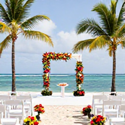 Caribbean Holidays, January Weddings, An elegant beach wedding ceremony in Grenada with white chairs, tropical flowers, palm trees and blue sea in the background