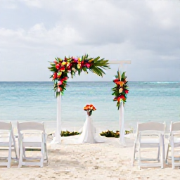 Caribbean Holidays, January Weddings, An elegant beach wedding ceremony in The Bahamas, with white chairs, tropical flowers and calm turquoise sea in the background