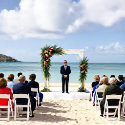 Caribbean Holidays, January Weddings, An elegant beach wedding ceremony in the British Virgin Islands, with white chairs, tropical flowers, calm turquoise sea and guests dressed for a sunny January day