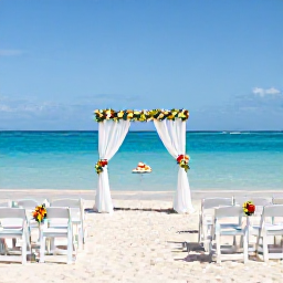 Caribbean Holidays, January Weddings, An elegant beach wedding ceremony in Turks and Caicos with white chairs, simple tropical flowers, turquoise water and a clear blue sky