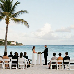 Caribbean Holidays, January Weddings, An elegant beach wedding ceremony on a secluded Saint Barth&eacute;lemy shore with palm trees and calm blue sea