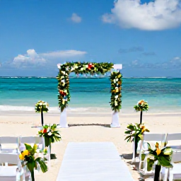 Caribbean Holidays, January Weddings, An elegant beachfront wedding ceremony in Tobago with white chairs, tropical flowers and blue Caribbean sea
