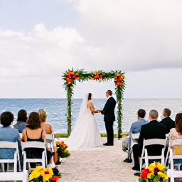 Caribbean Holidays, January Weddings, An elegant outdoor wedding ceremony beside the sea on Nevis, with white chairs, tropical flowers and a small group of guests