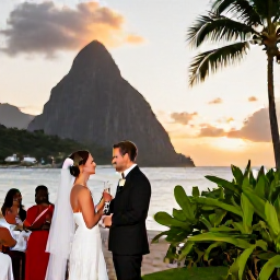 Caribbean Holidays, January Weddings, Bride and groom enjoying a champagne toast beside a Caribbean beach at sunset in Saint Lucia, with guests and tropical greenery