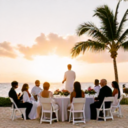 Caribbean Holidays, January Weddings, Bride and groom enjoying a relaxed Barbados wedding reception at sunset, tropical flowers, simple tables and guests celebrating