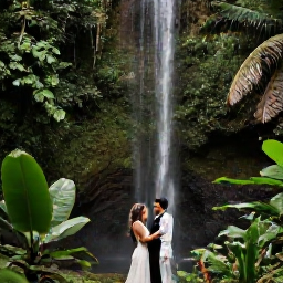 Caribbean Holidays, January Weddings, Bride and groom enjoying a scenic Guadeloupe holiday after their wedding, surrounded by rainforest, waterfalls and tropical landscape