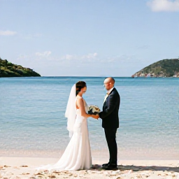 Caribbean Holidays, January Weddings, Bride and groom exchanging vows beside a calm turquoise sea on a sunny British Virgin Islands beach in January