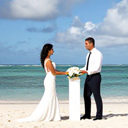 Caribbean Holidays, January Weddings, Bride and groom exchanging vows beside a calm turquoise sea on a sunny Saint Kitts beach in January, with a simple tropical wedding setting