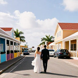 Caribbean Holidays, January Weddings, Bride and groom exploring colourful streets and waterfront restaurants in Philipsburg, Sint Maarten, sunny January afternoon