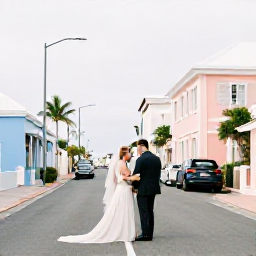 Caribbean Holidays, January Weddings, Bride and groom exploring Hamilton Bermuda after their January wedding, with pastel buildings and quiet streets