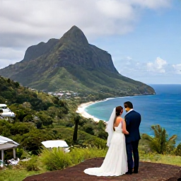 Caribbean Holidays, January Weddings, Bride and groom exploring Montserrat after their wedding, visiting a scenic coastal viewpoint with lush hills and blue sea