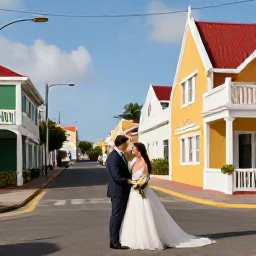 Caribbean Holidays, January Weddings, Bride and groom exploring Oranjestad, Aruba, with colourful Dutch Caribbean buildings and sunny streets