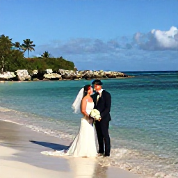 Caribbean Holidays, January Weddings, Bride and groom having wedding photographs taken beside crystal-clear water and limestone shoreline in Grand Cayman