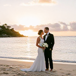 Caribbean Holidays, January Weddings, Bride and groom standing barefoot beside a calm Caribbean beach at sunset on Saint Martin, elegant simple wedding setting