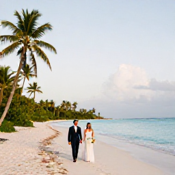 Caribbean Holidays, January Weddings, Bride and groom walking along a quiet white-sand beach in Antigua at sunrise, gentle Caribbean sea and palm trees