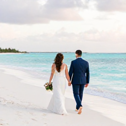 Caribbean Holidays, January Weddings, Bride and groom walking barefoot along a bright white beach in Turks and Caicos in January, turquoise sea and soft morning light