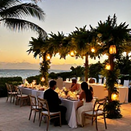 Caribbean Holidays, January Weddings, Couple enjoying a relaxed Caribbean wedding reception at sunset, long tables, tropical greenery and warm lantern light