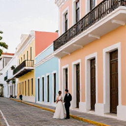 Caribbean Holidays, January Weddings, Couple exploring colourful Old San Juan streets after their wedding, with pastel buildings, balconies and warm afternoon light