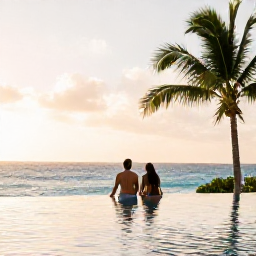 Caribbean Holidays, January Weddings, Couple relaxing beside a luxury infinity pool overlooking the Caribbean Sea in the Dominican Republic, with tropical palms and a warm afternoon sky