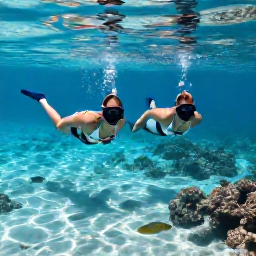 Caribbean Holidays, January Weddings, Couple snorkelling together in clear shallow water off Providenciales, Turks and Caicos, with colourful fish and coral reef