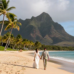 Caribbean Holidays, January Weddings, Couple walking hand in hand along a quiet golden beach on Nevis, palm trees and volcanic mountains in the background