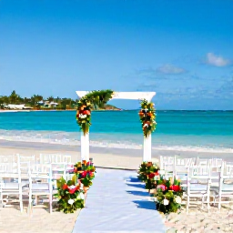 Caribbean Holidays, January Weddings, Elegant beach wedding ceremony in Antigua with white chairs, tropical flowers, turquoise water and a clear blue sky